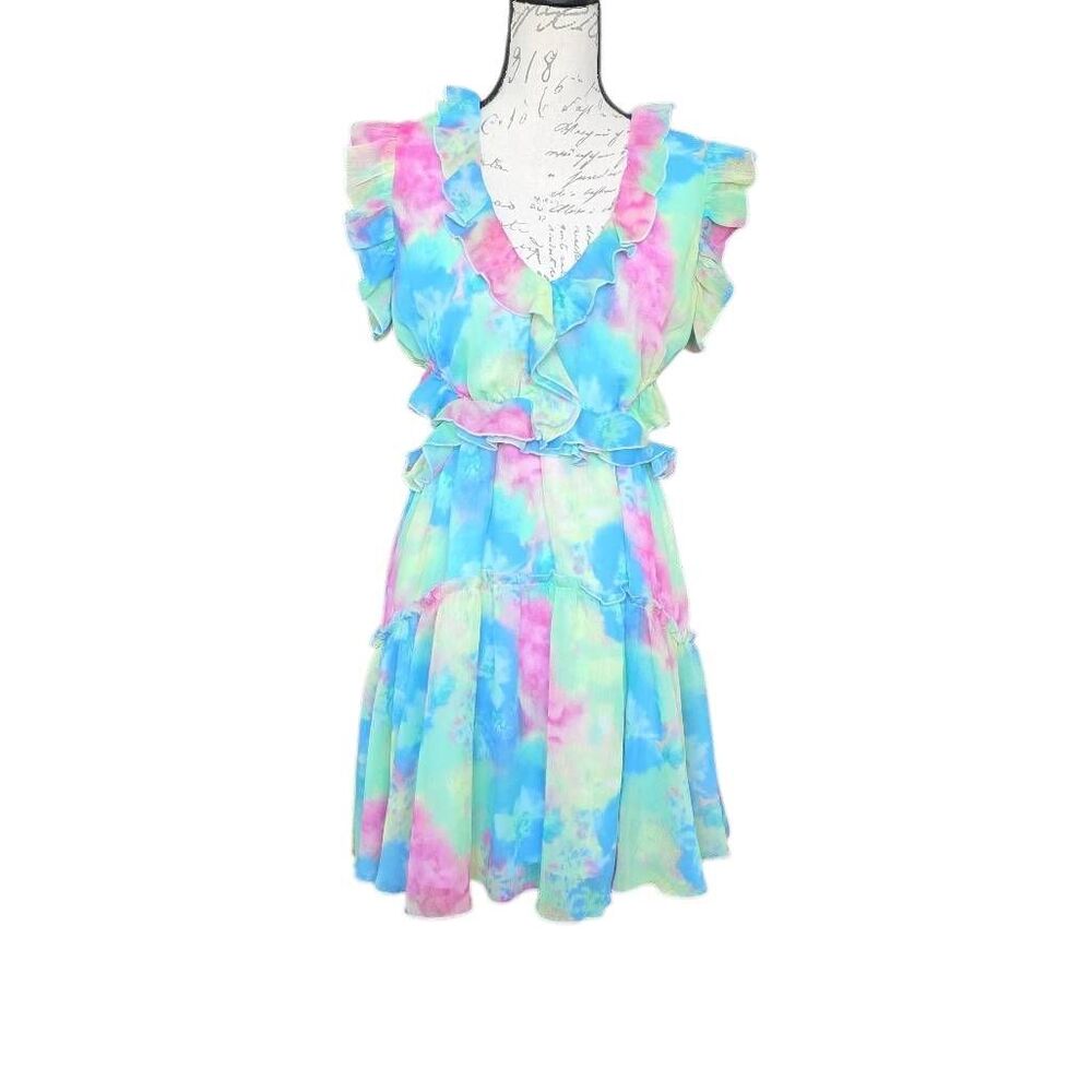 Allison + Kelly Womens Sze Medium Pink Blue Green Watercolor Ruffle Cutout Dress